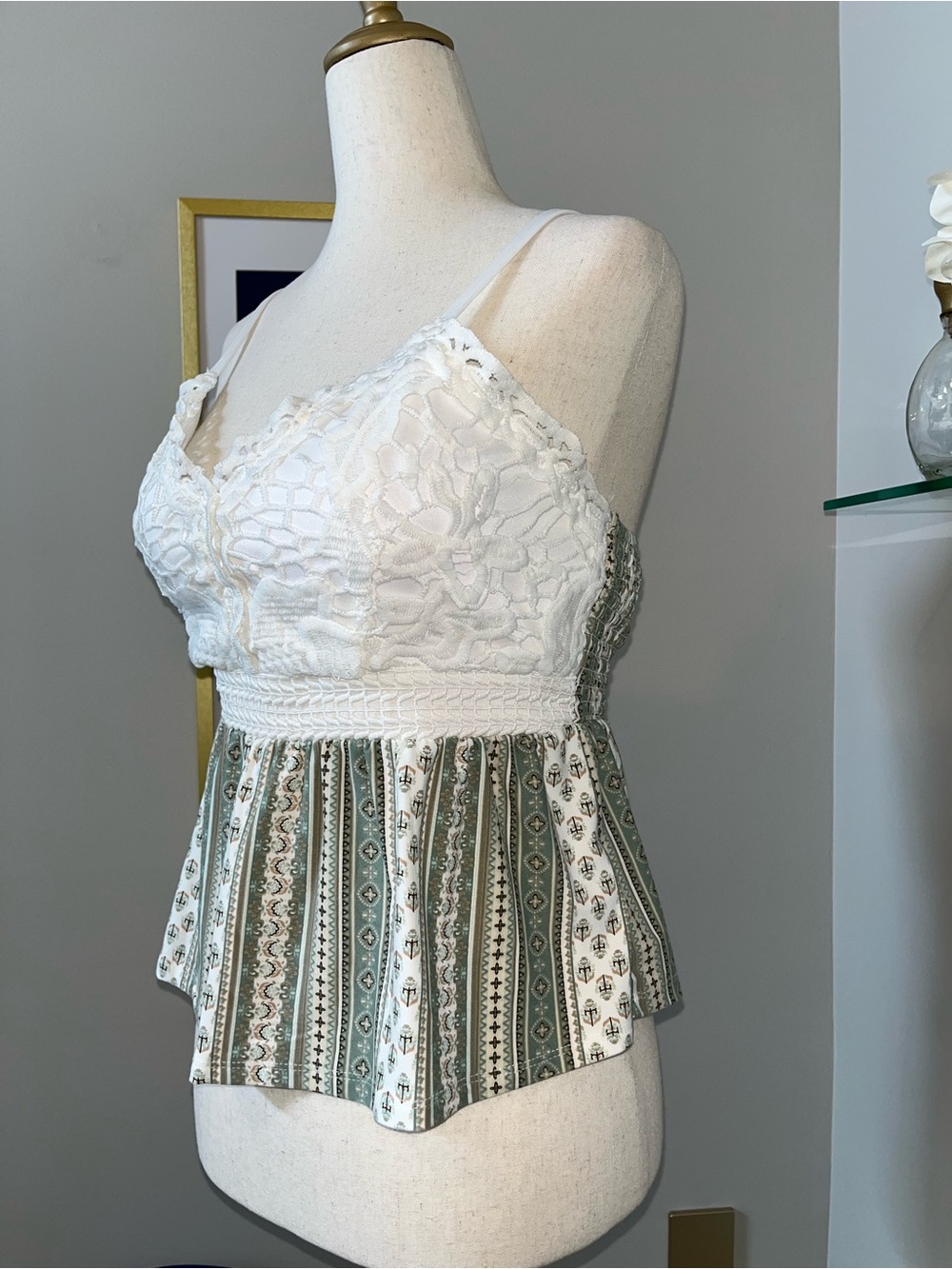 NWOT. Derek Heart Crochet Lace Smocked Peplum Cami Top | Sage | Boho Cottagecore - Picture 6 of 10